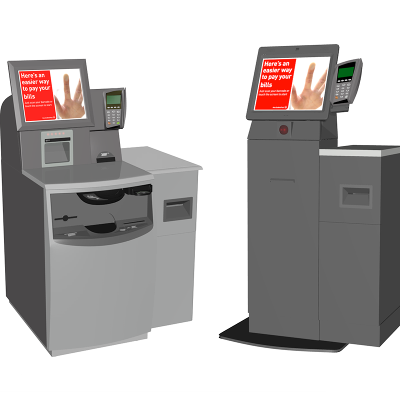 Bill payment kiosks for NZ Post - NCR Self Serv 60 and the SCO V5 Cash Kiosk with additional sidecar containing Zebra Printer (required for car registration label printing)